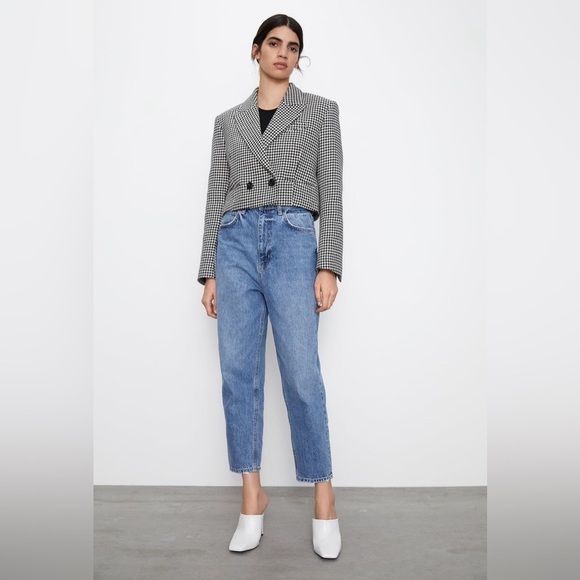 Zara Cropped Boxy Houndstooth Print Black and White Blazer Size XL Casual - Picture 3 of 11